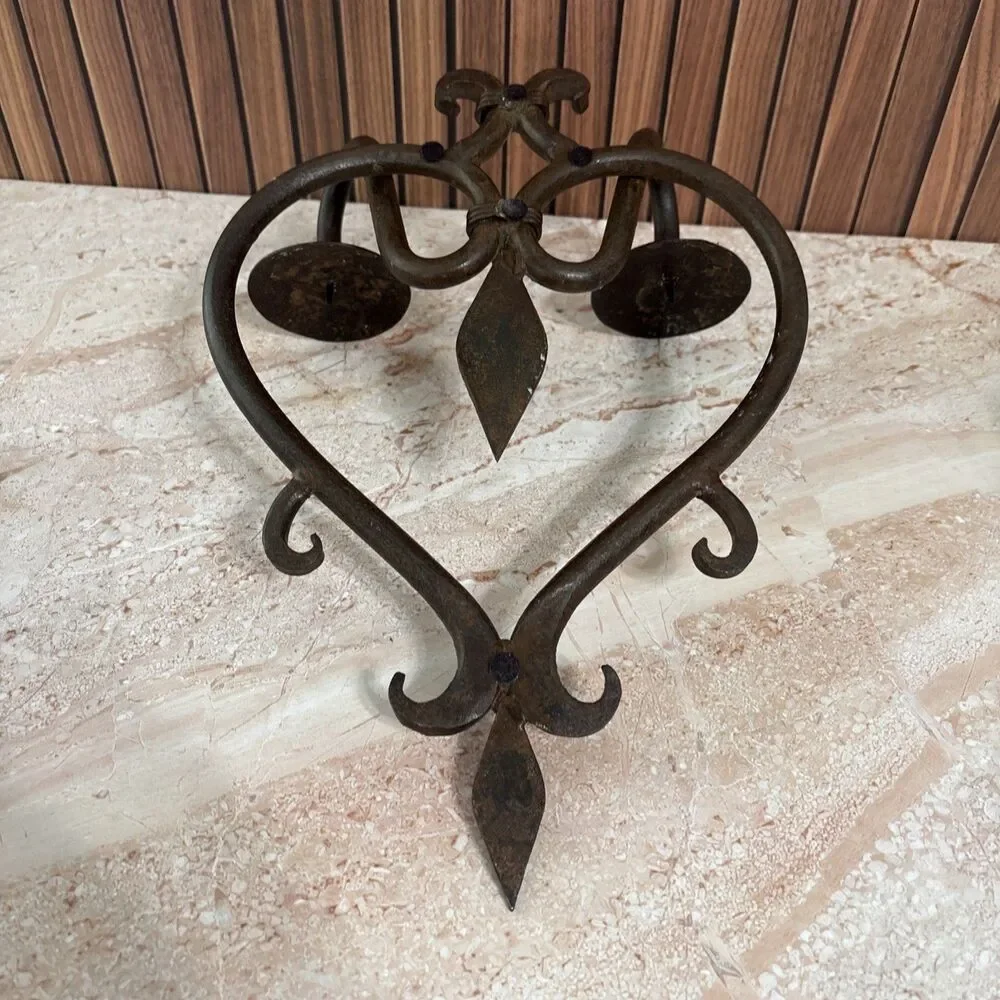 Vintage wrought Iron wall sconce Pillar candle holder gothic rustic decor '60s